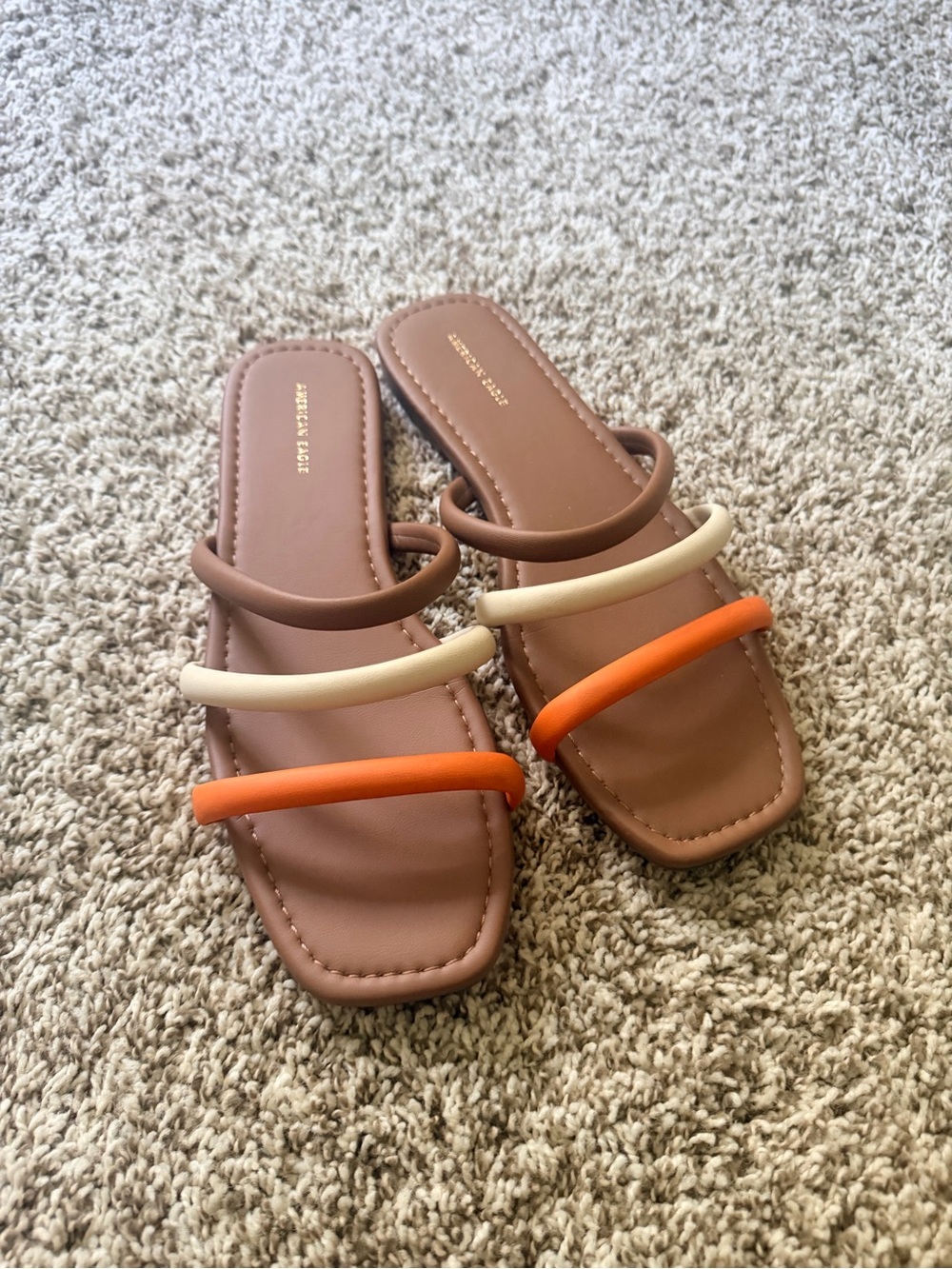 American Eagle Outfitters Brown Slide Sandals with Orange & Cream Straps